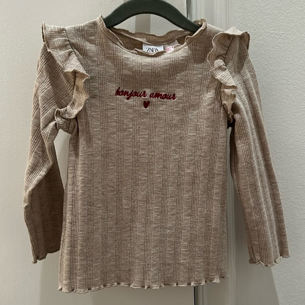 Zara long sleeve shirt beige with red writing size 2-3Y